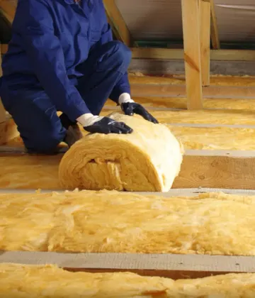 Trade worker installing insulation inside a roof space